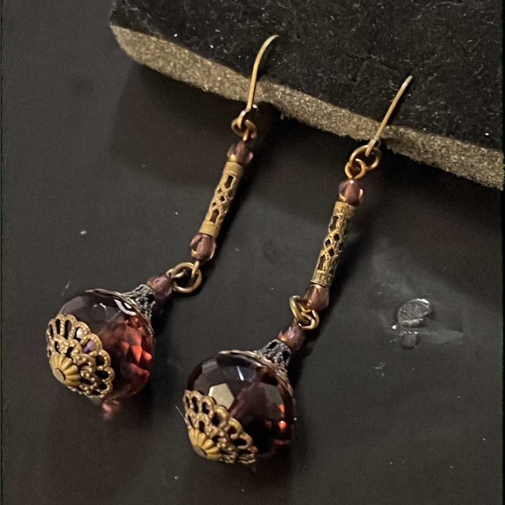 Antique Art Nouveau Bronze Filagree Purple Czech Glass Beaded Drop Earrings - Picture 13 of 15